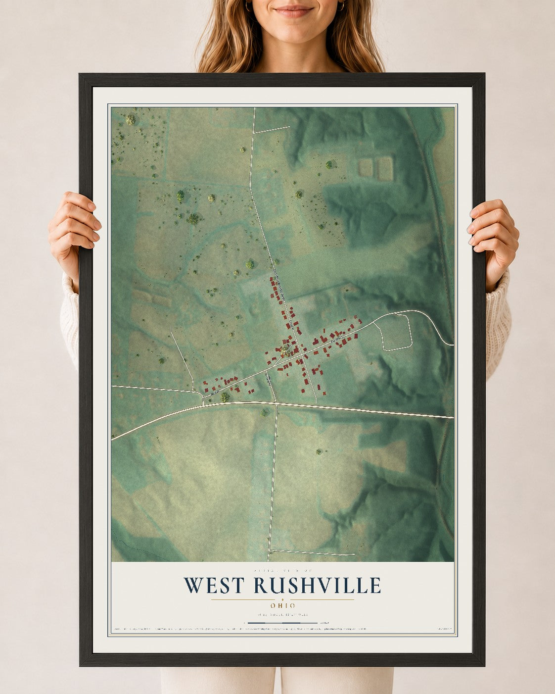 Map of West Rushville, Ohio, 24 x 36 inch print in a black wood frame