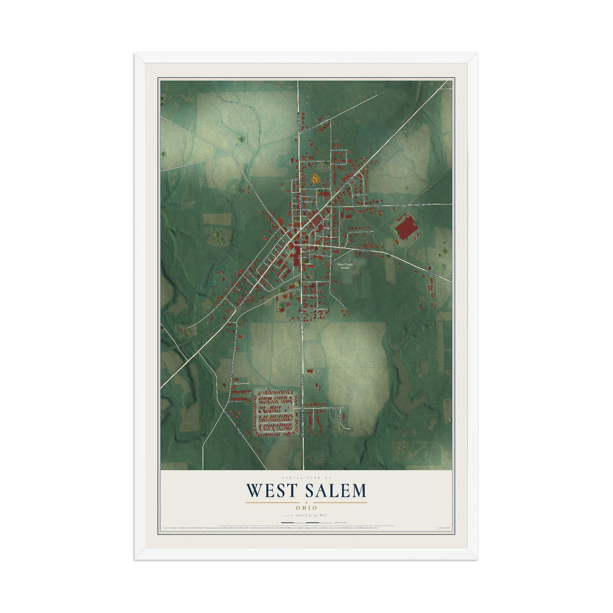 Map of West Salem, Ohio, 12 x 18 inch print in a white wood frame