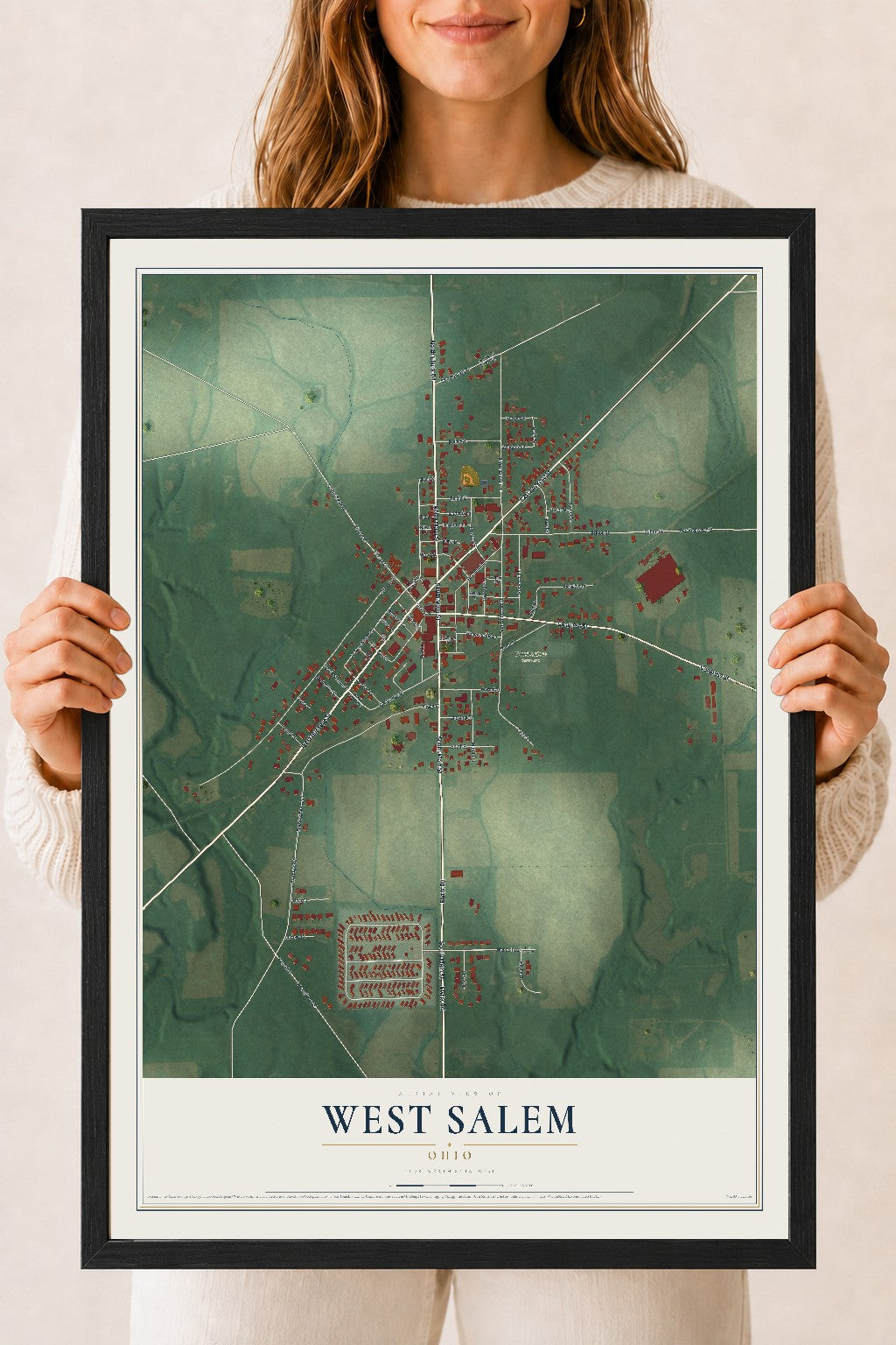 Map of West Salem, Ohio, 18 x 24 inch print in a black wood frame