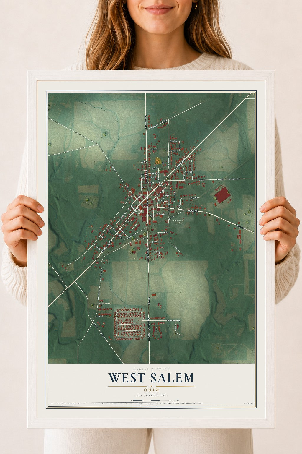 Map of West Salem, Ohio, 18 x 24 inch print in a white wood frame