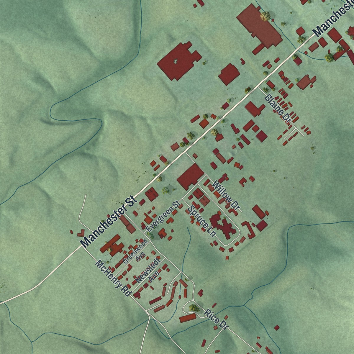 Second close-up of the map of West Union, Ohio print showing more streets and buildings
