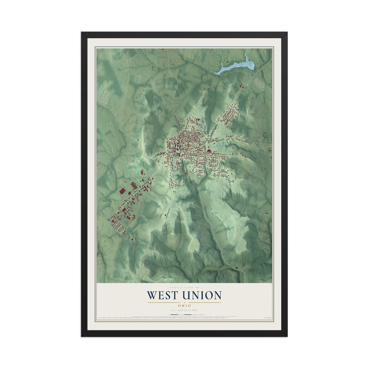 Map of West Union, Ohio, 12 x 18 inch print in a black wood frame