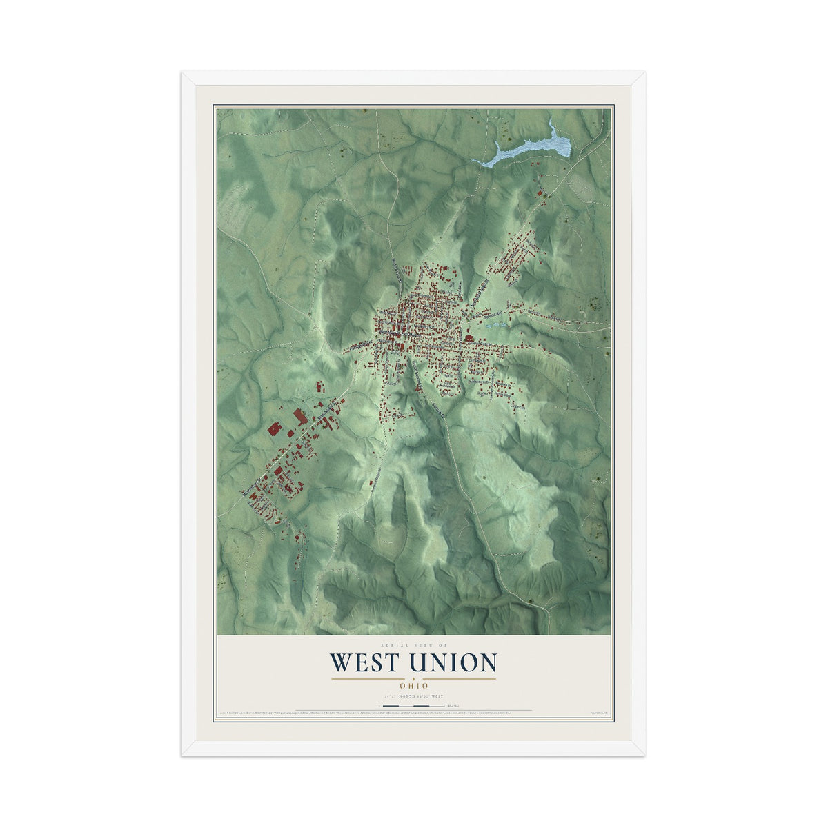 Map of West Union, Ohio, 12 x 18 inch print in a white wood frame