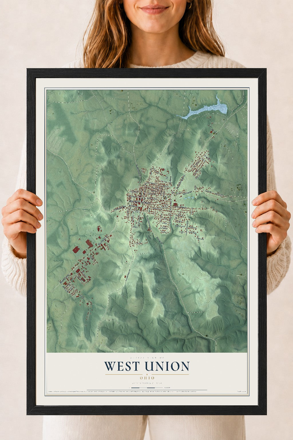 Map of West Union, Ohio, 18 x 24 inch print in a black wood frame
