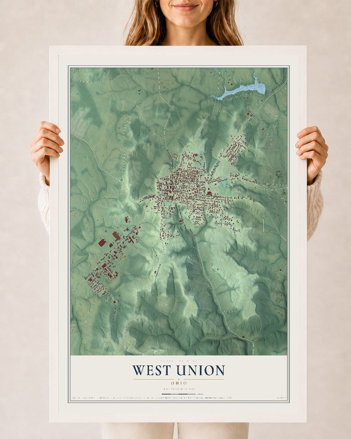 Map of West Union, Ohio, 24 x 36 inch print in a white wood frame