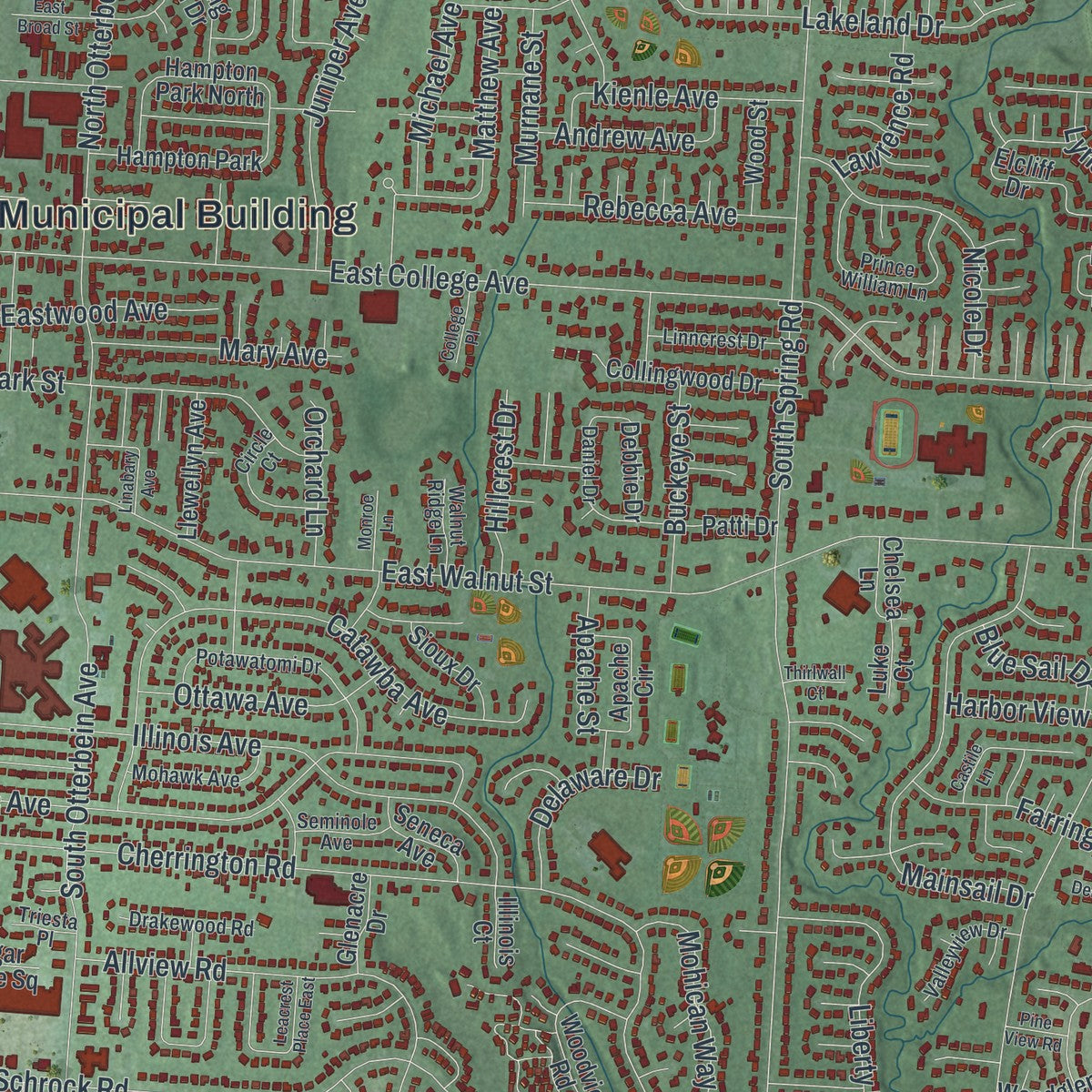 Close-up of the map of Westerville, Ohio print showing street and building detail