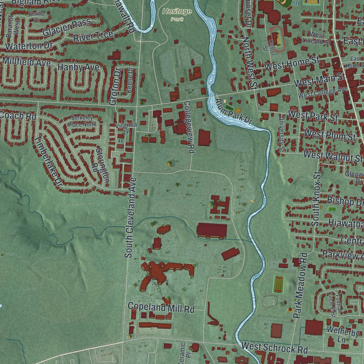 Second close-up of the map of Westerville, Ohio print showing more streets and buildings