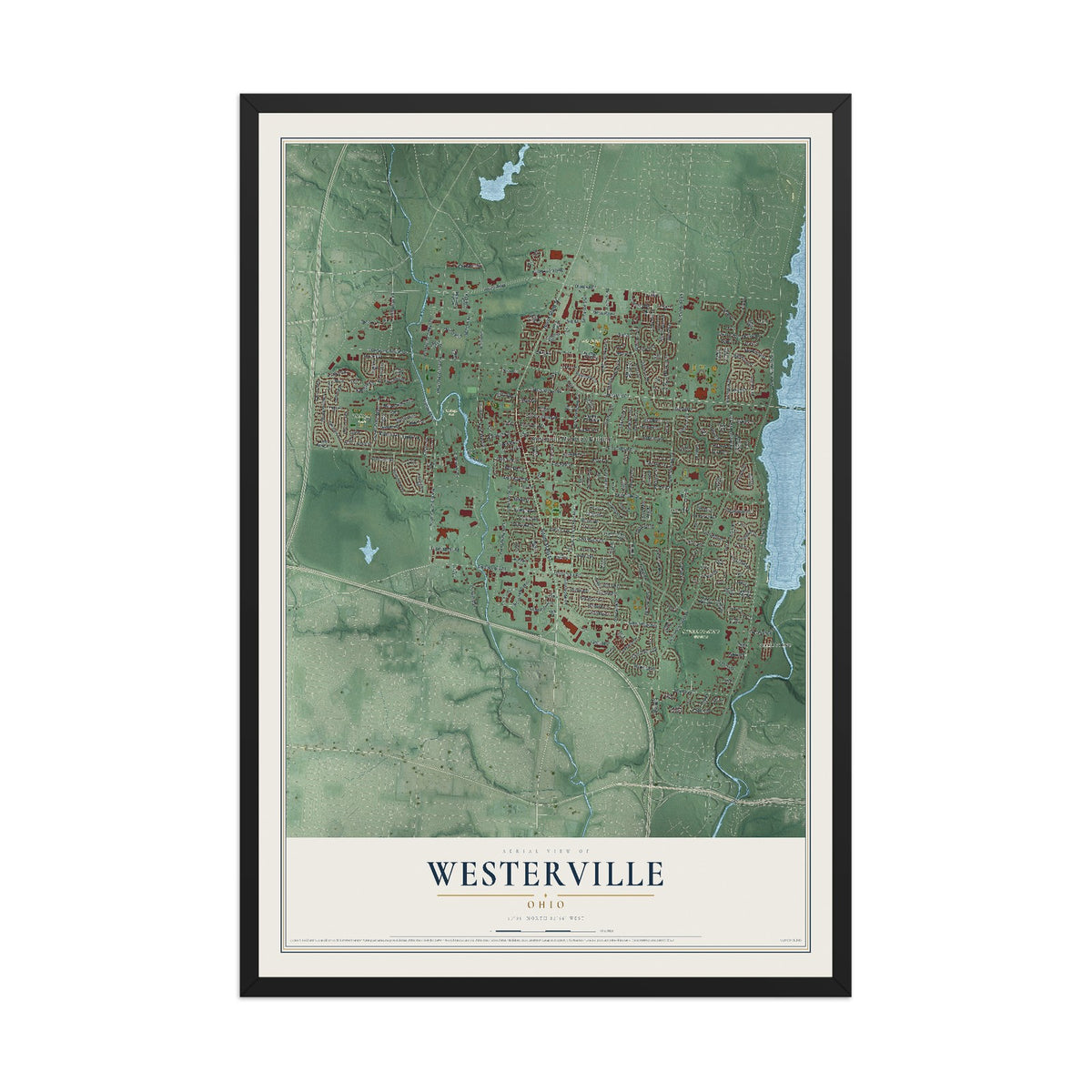 Map of Westerville, Ohio, 12 x 18 inch print in a black wood frame