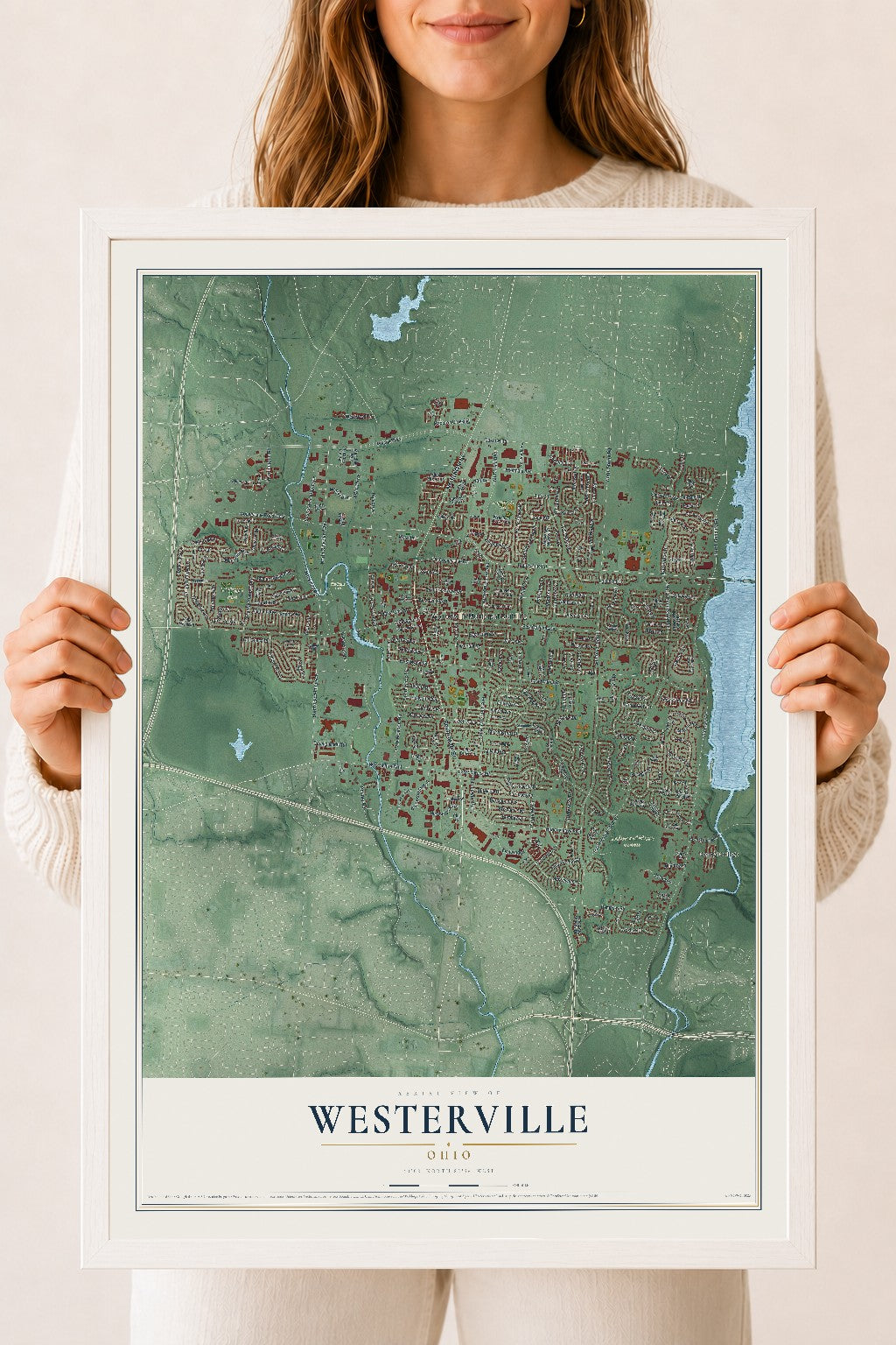 Map of Westerville, Ohio, 18 x 24 inch print in a white wood frame