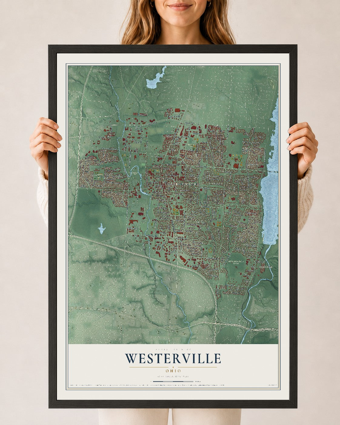 Map of Westerville, Ohio, 24 x 36 inch print in a black wood frame