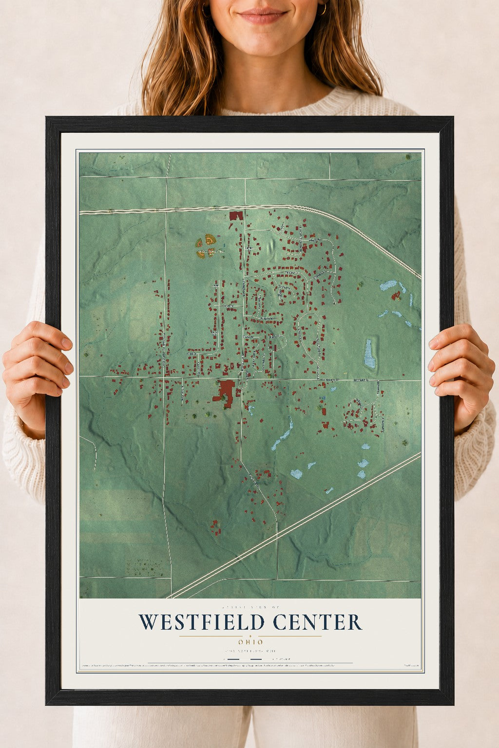 Map of Westfield Center, Ohio, 18 x 24 inch print in a black wood frame