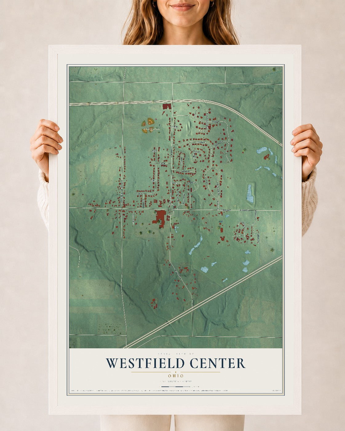 Map of Westfield Center, Ohio, 24 x 36 inch print in a white wood frame
