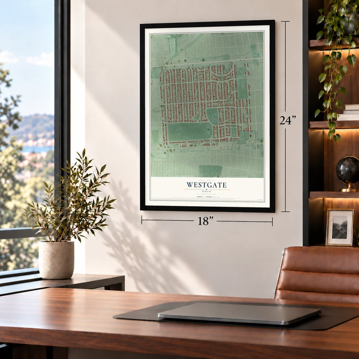 Westgate, Ohio map, 18 x 24 inch print in a black frame in a home office