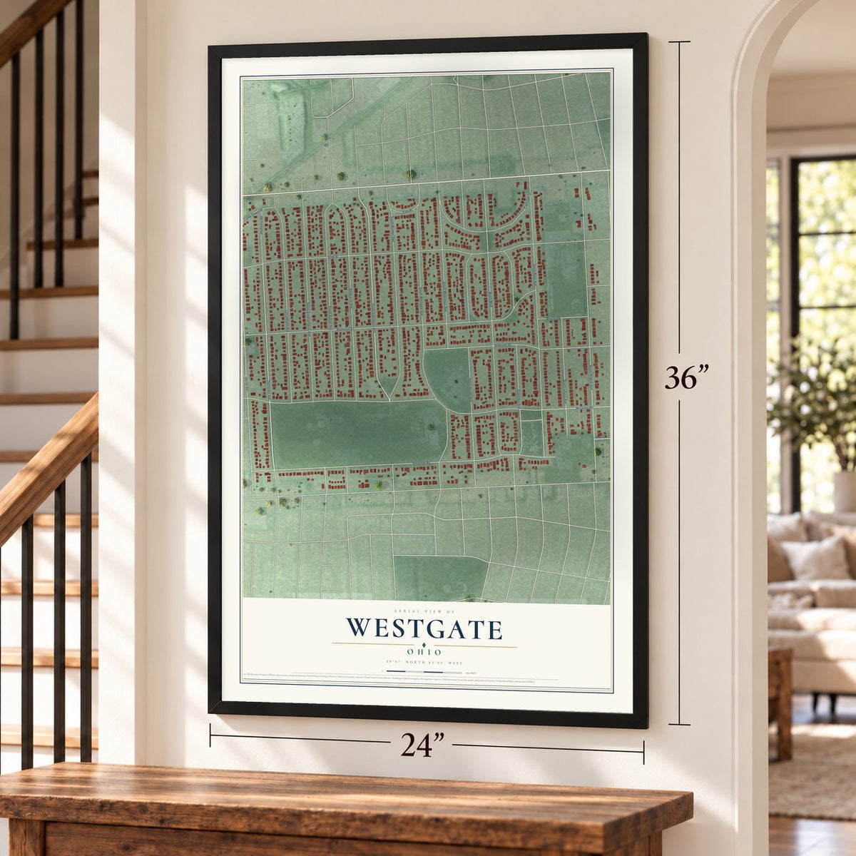 Westgate, Ohio map, 24 x 36 inch print in a black frame by a staircase