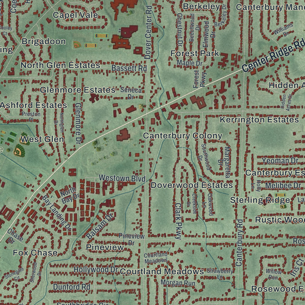 Close-up of the map of Westlake, Ohio print showing street and building detail