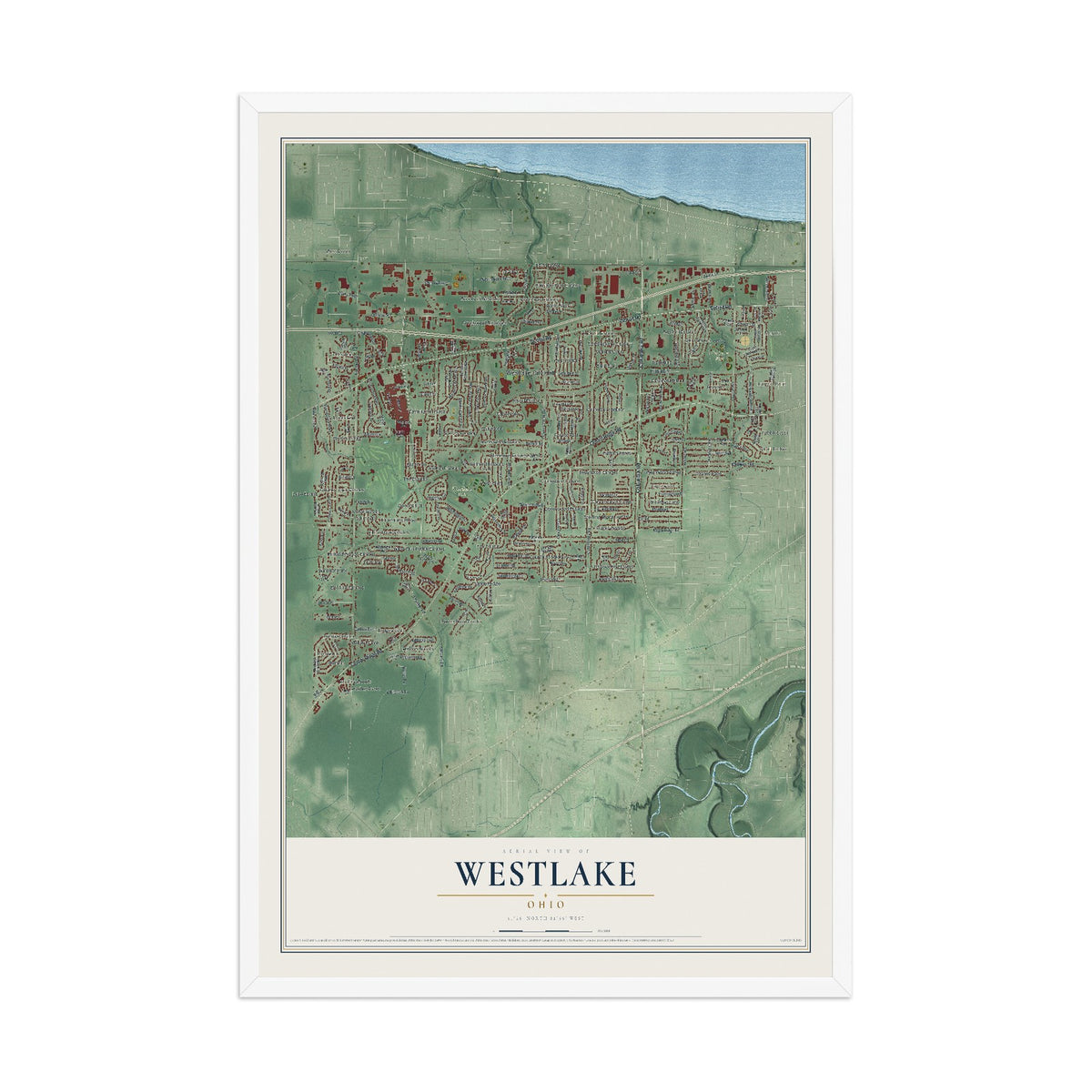 Map of Westlake, Ohio, 12 x 18 inch print in a white wood frame
