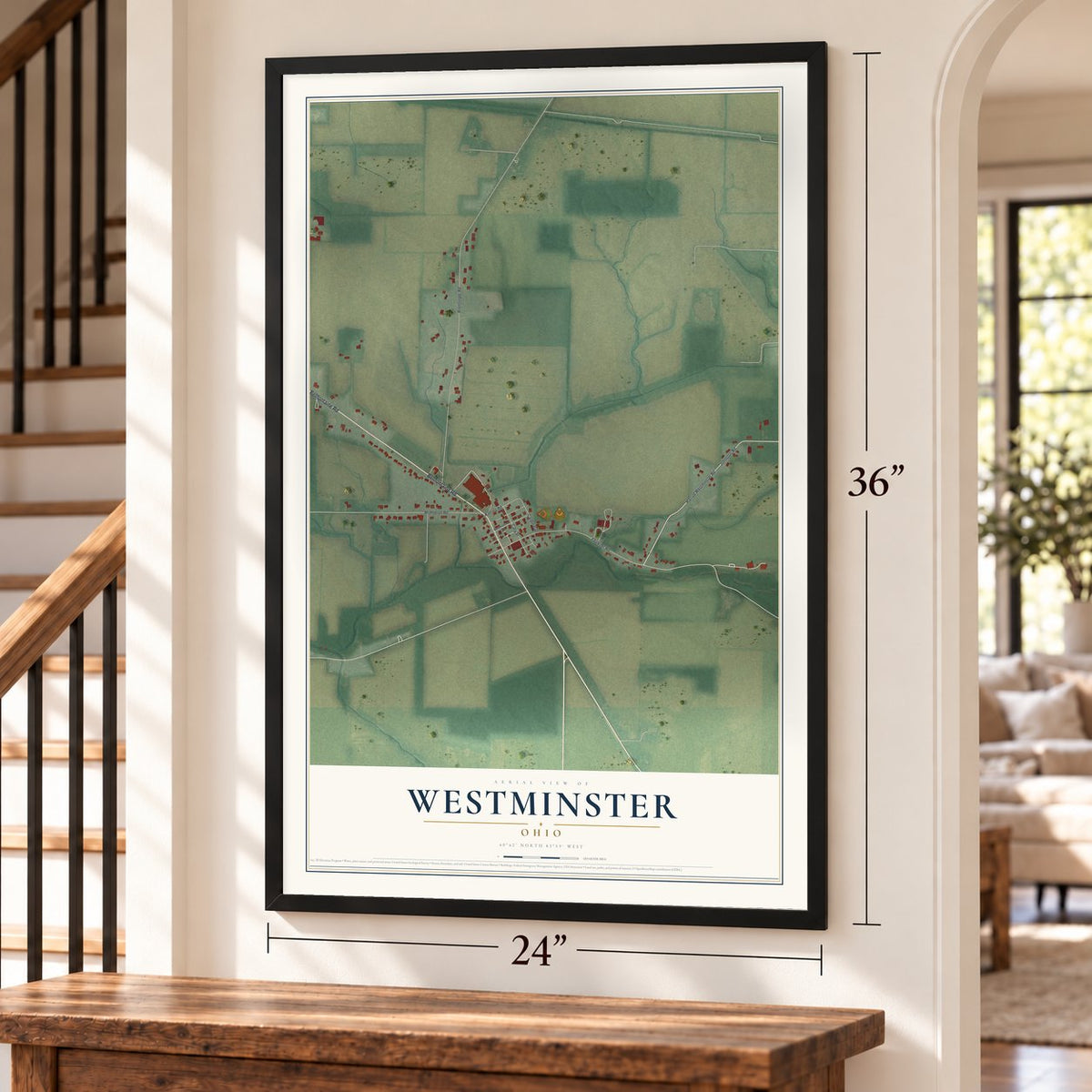 Westminster, Ohio map, 24 x 36 inch print in a black frame by a staircase