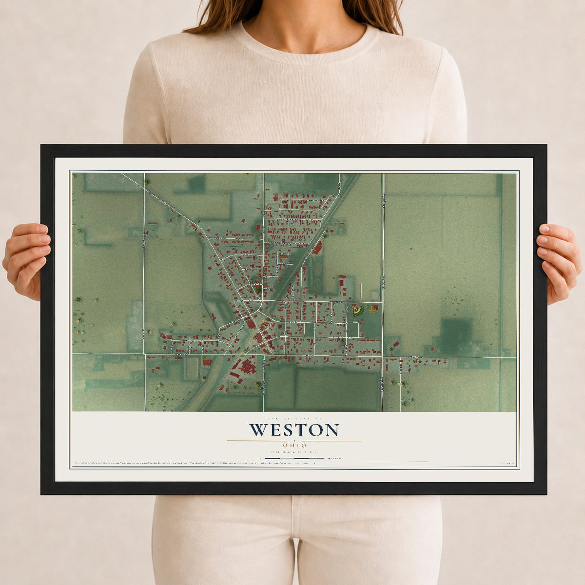 Map of Weston, Ohio, 12 x 18 inch print in a black wood frame