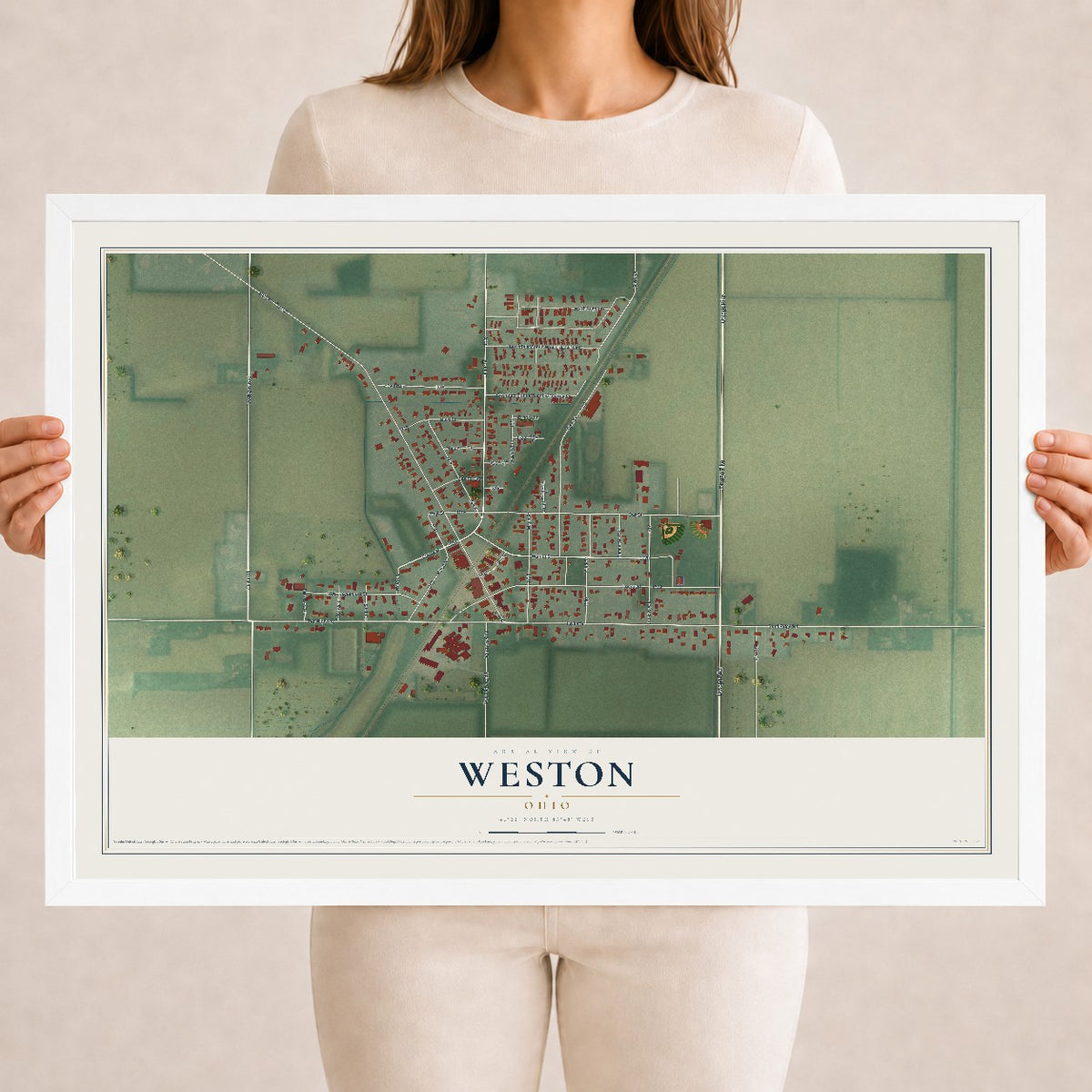 Map of Weston, Ohio, 18 x 24 inch print in a white wood frame