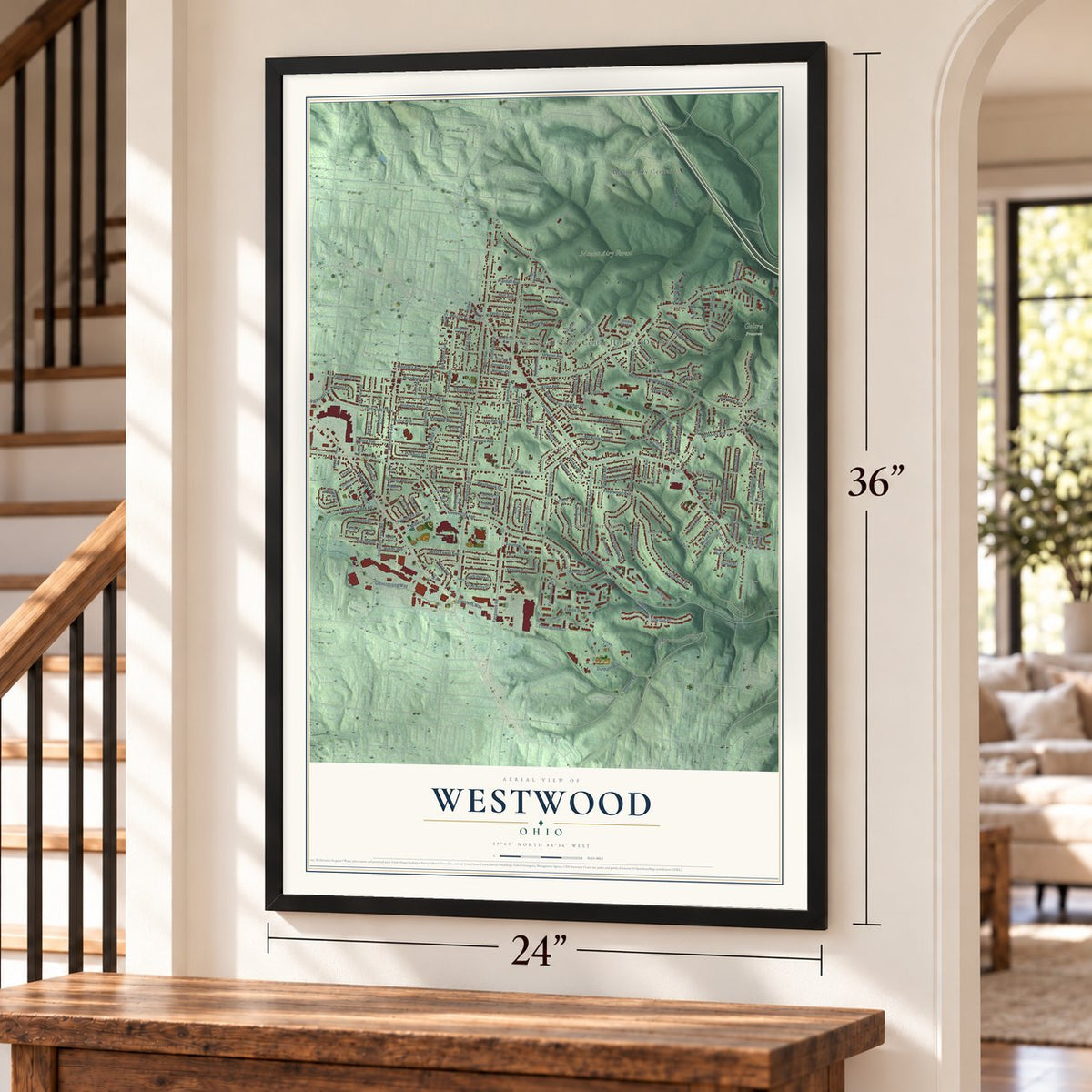 Westwood, Ohio map, 24 x 36 inch print in a black frame by a staircase