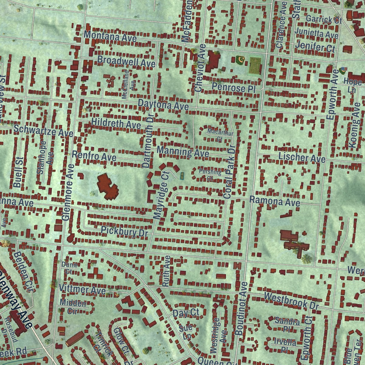 Close-up of the map of Westwood, Ohio print showing street and building detail