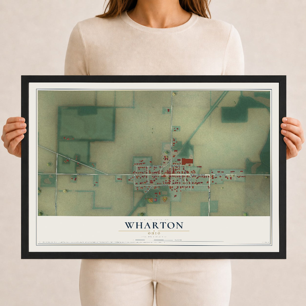 Map of Wharton, Ohio, 12 x 18 inch print in a black wood frame
