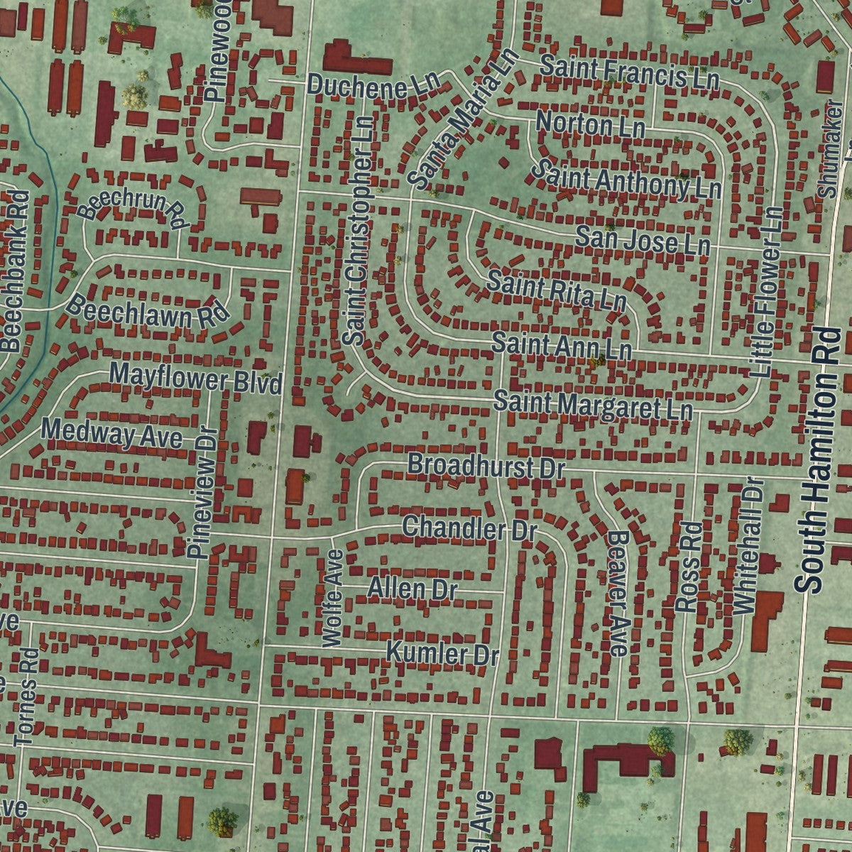 Close-up of the map of Whitehall, Ohio print showing street and building detail