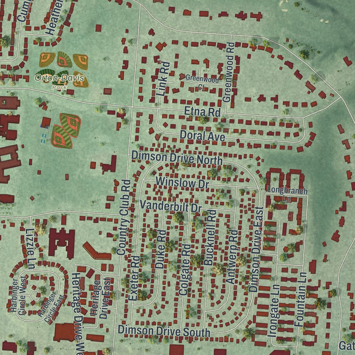 Second close-up of the map of Whitehall, Ohio print showing more streets and buildings
