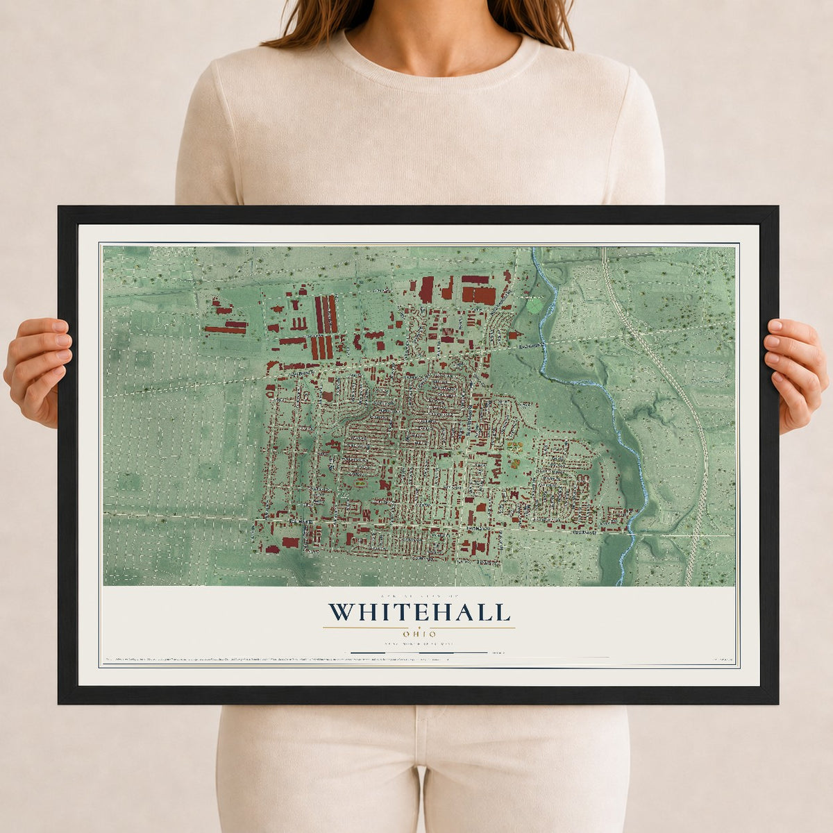 Map of Whitehall, Ohio, 12 x 18 inch print in a black wood frame