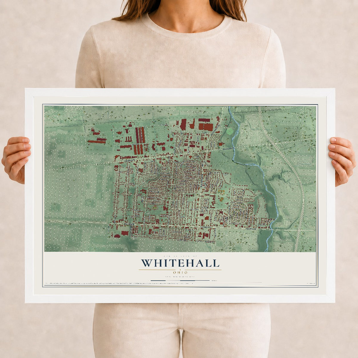 Map of Whitehall, Ohio, 12 x 18 inch print in a white wood frame