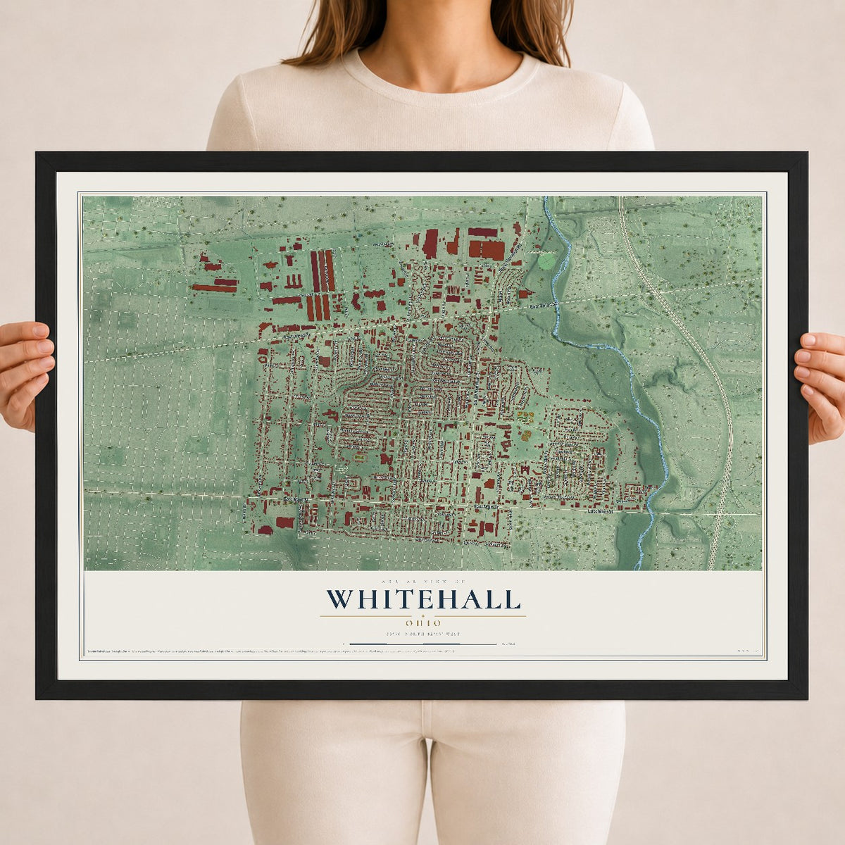 Map of Whitehall, Ohio, 18 x 24 inch print in a black wood frame
