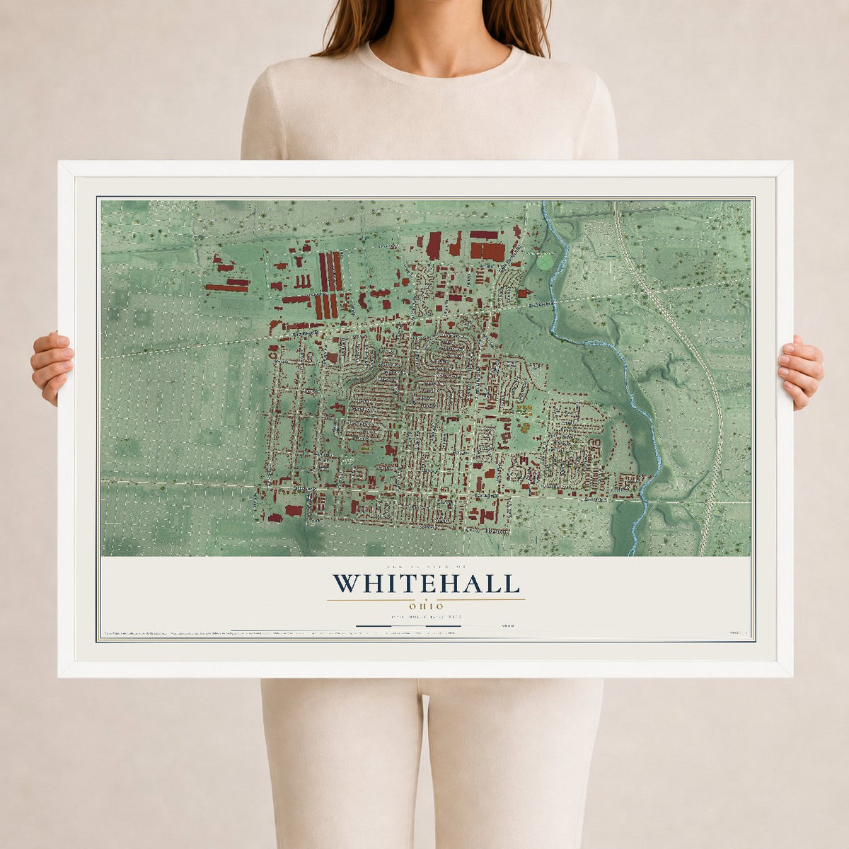 Map of Whitehall, Ohio, 24 x 36 inch print in a white wood frame