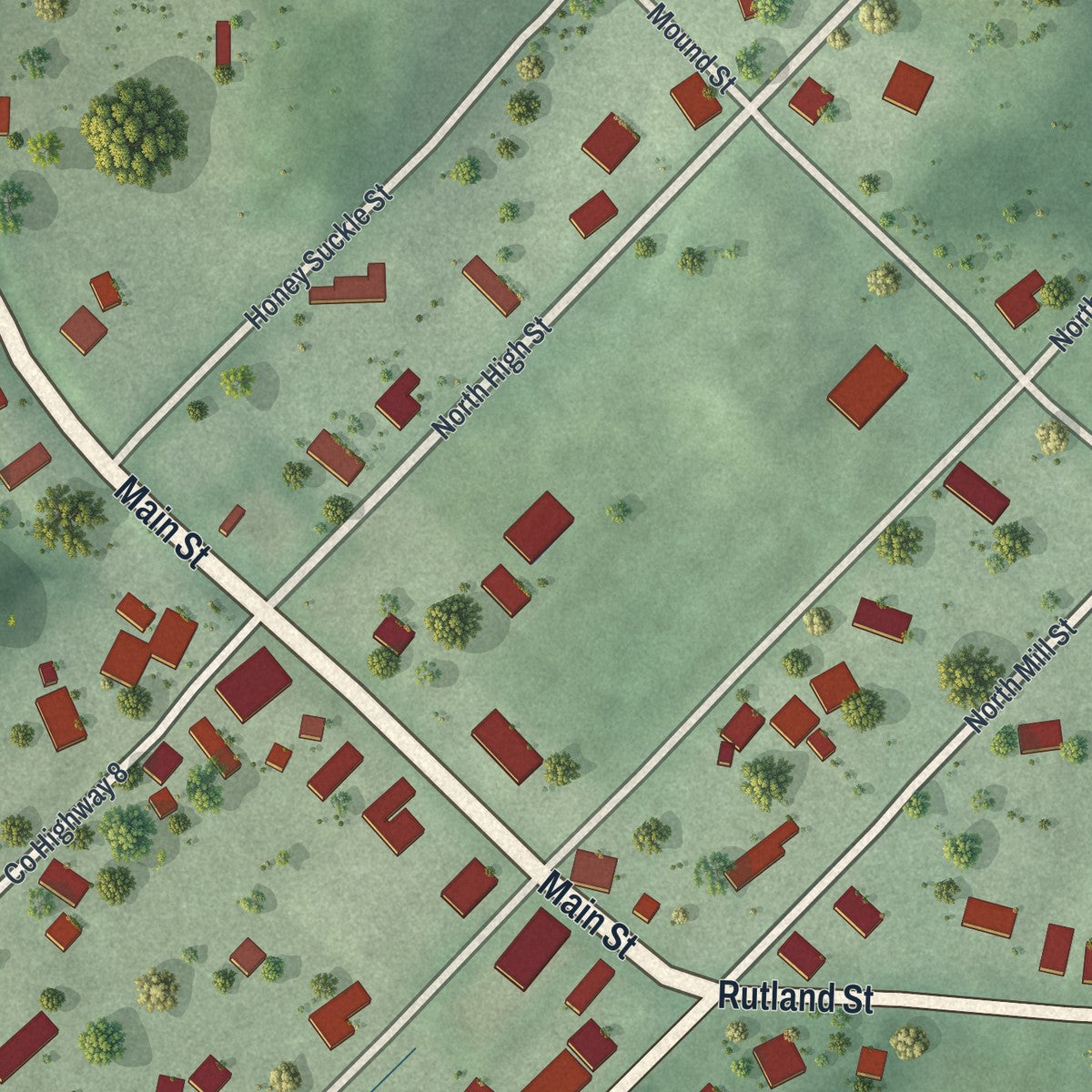 Close-up of the map of Wilkesville, Ohio print showing street and building detail