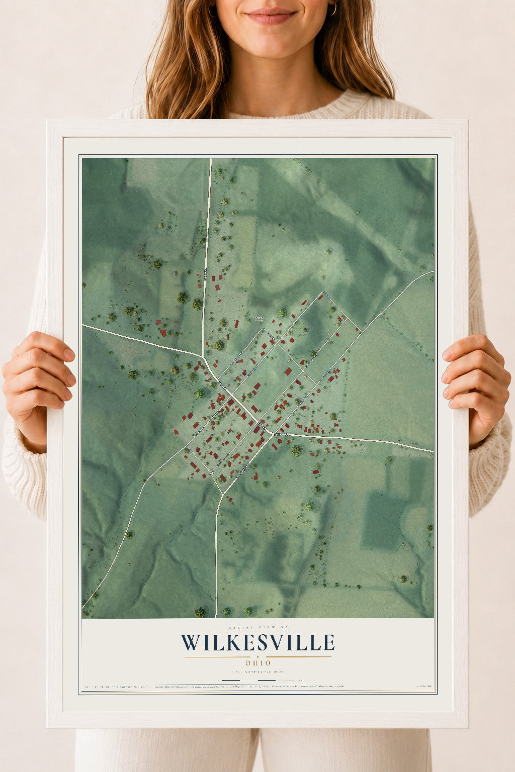 Map of Wilkesville, Ohio, 18 x 24 inch print in a white wood frame