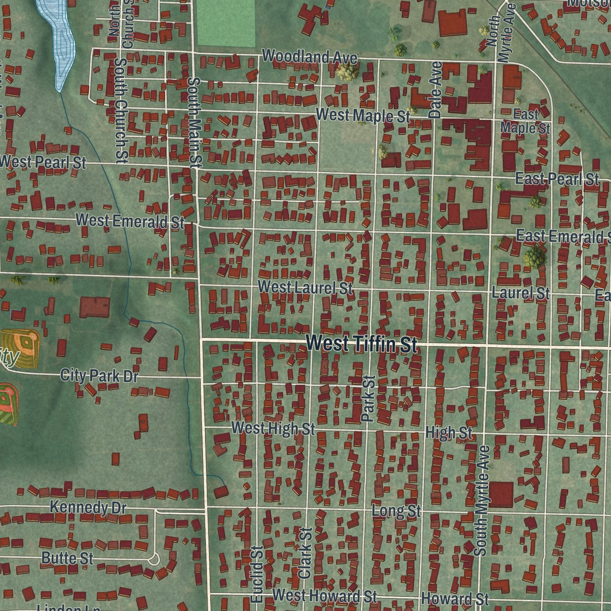Close-up of the map of Willard, Ohio print showing street and building detail