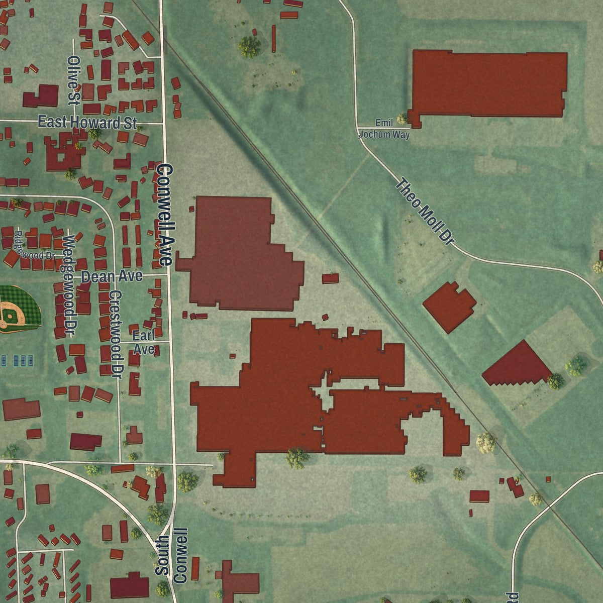 Second close-up of the map of Willard, Ohio print showing more streets and buildings
