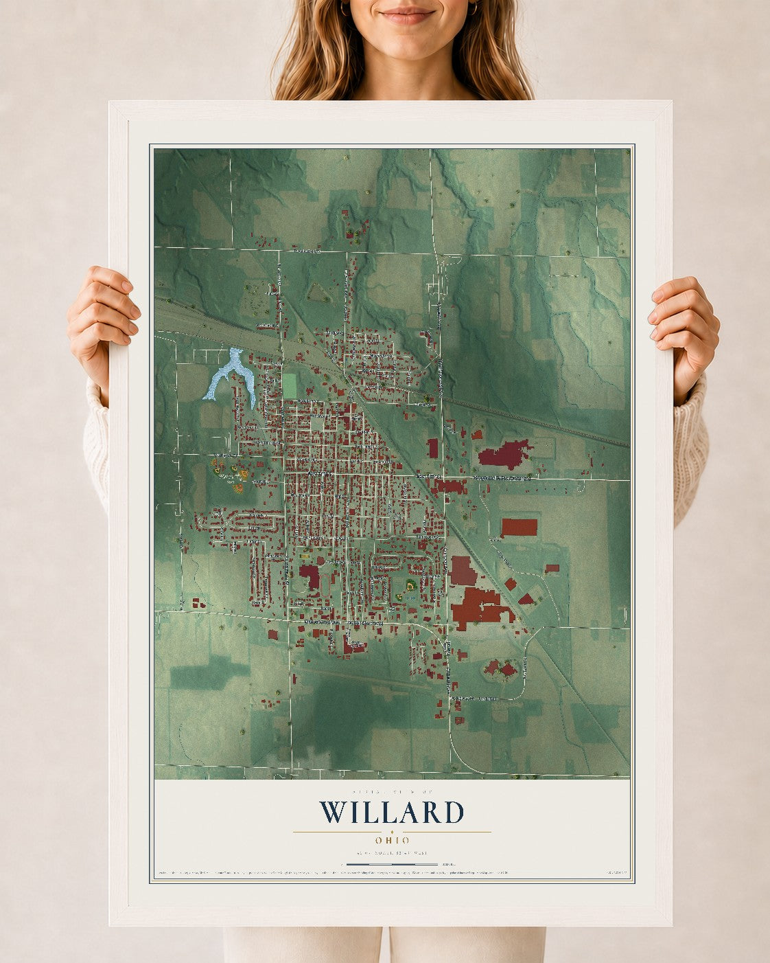 Map of Willard, Ohio, 24 x 36 inch print in a white wood frame