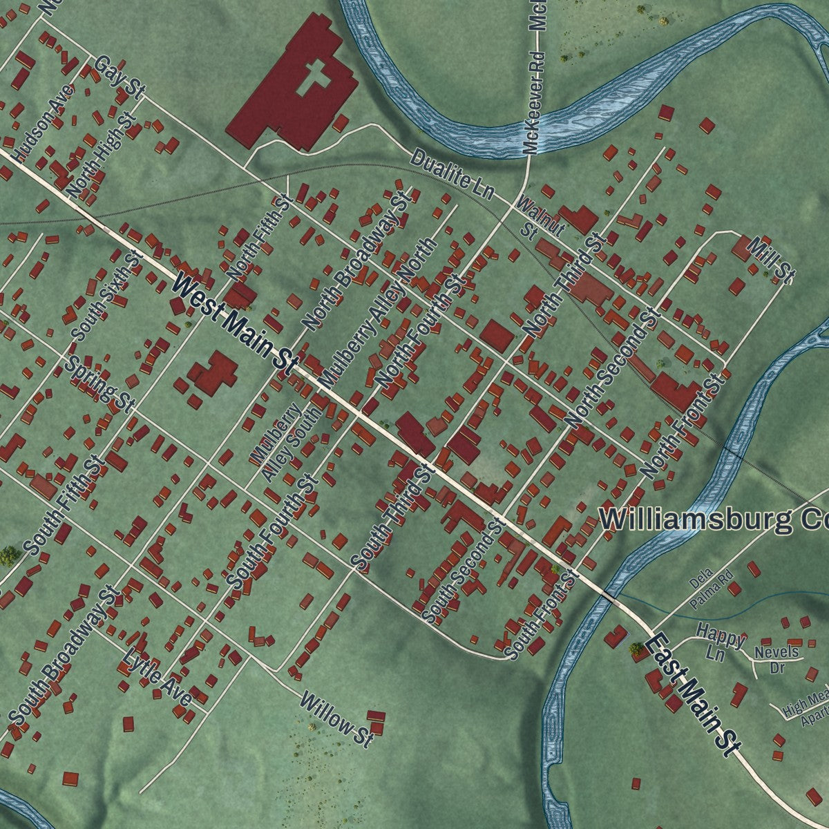 Close-up of the map of Williamsburg, Ohio print showing street and building detail