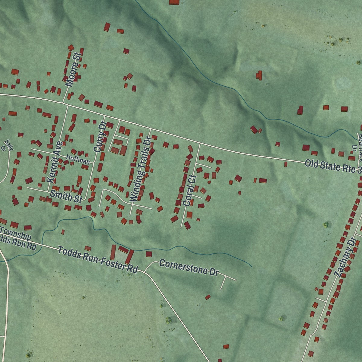 Second close-up of the map of Williamsburg, Ohio print showing more streets and buildings