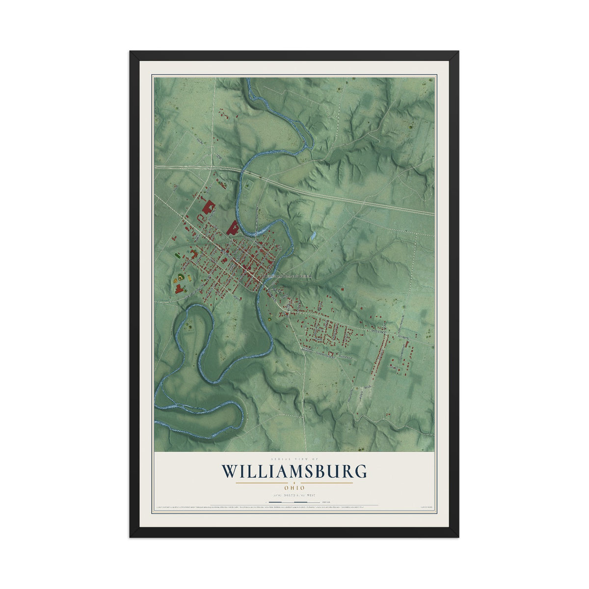 Map of Williamsburg, Ohio, 12 x 18 inch print in a black wood frame