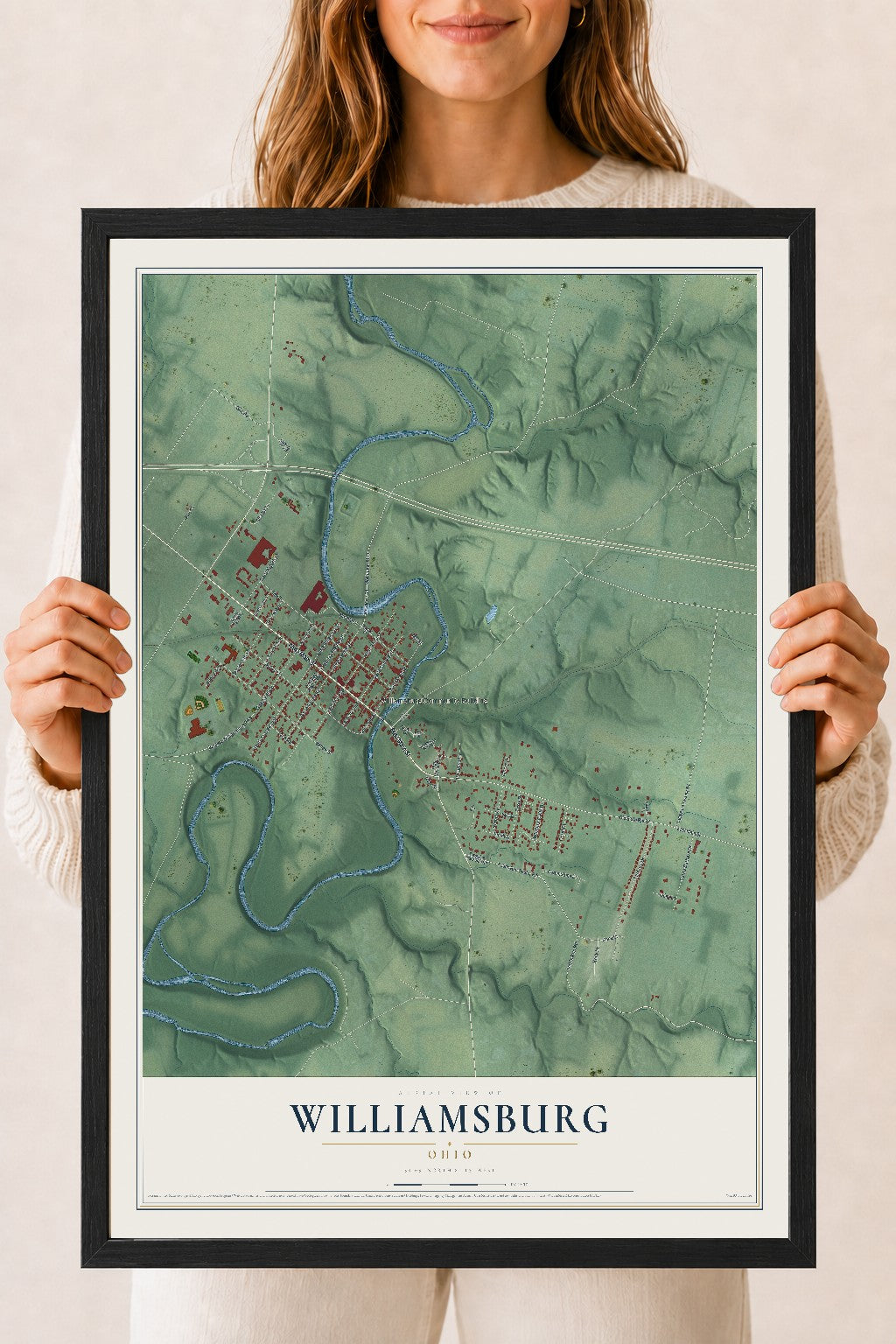 Map of Williamsburg, Ohio, 18 x 24 inch print in a black wood frame