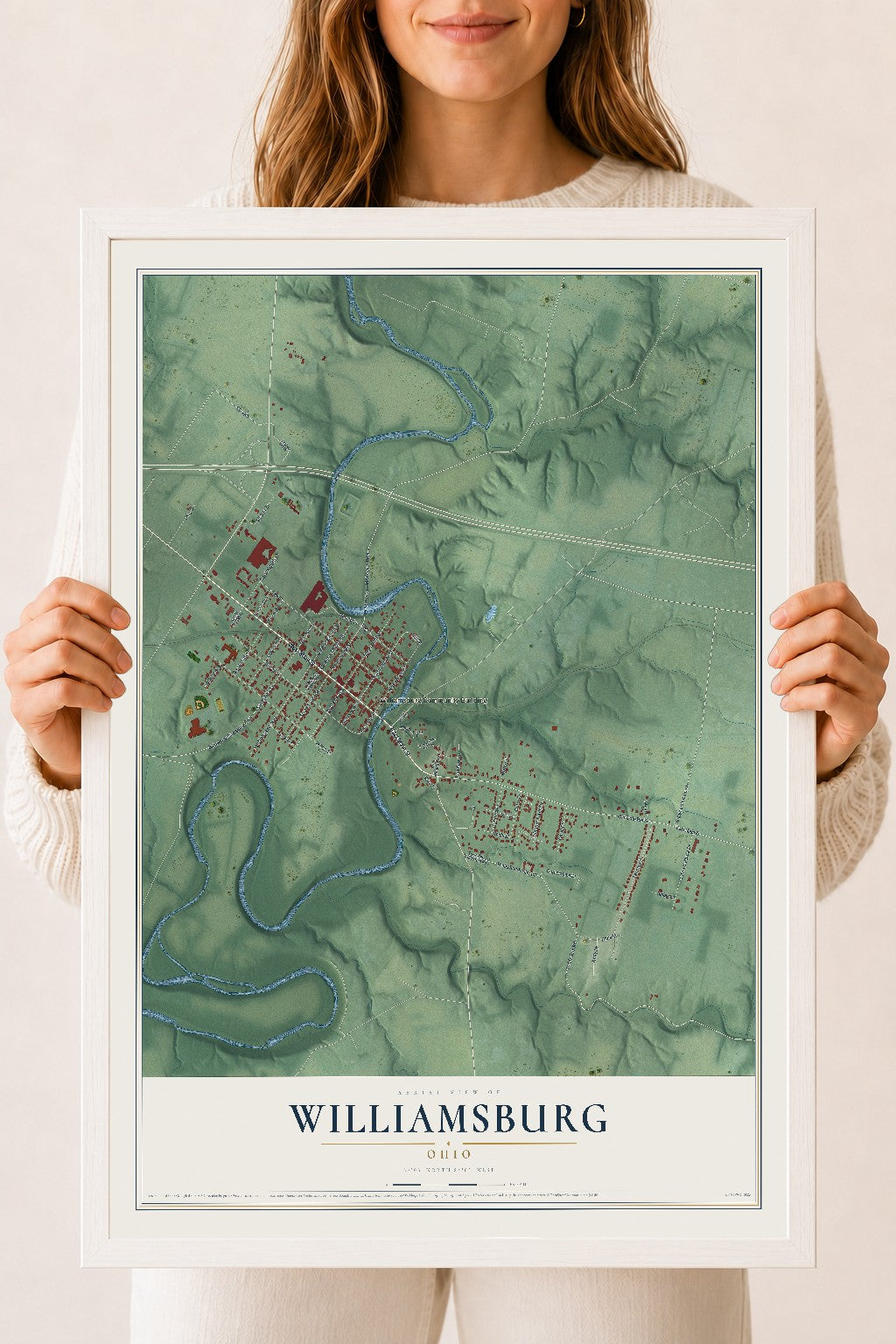 Map of Williamsburg, Ohio, 18 x 24 inch print in a white wood frame