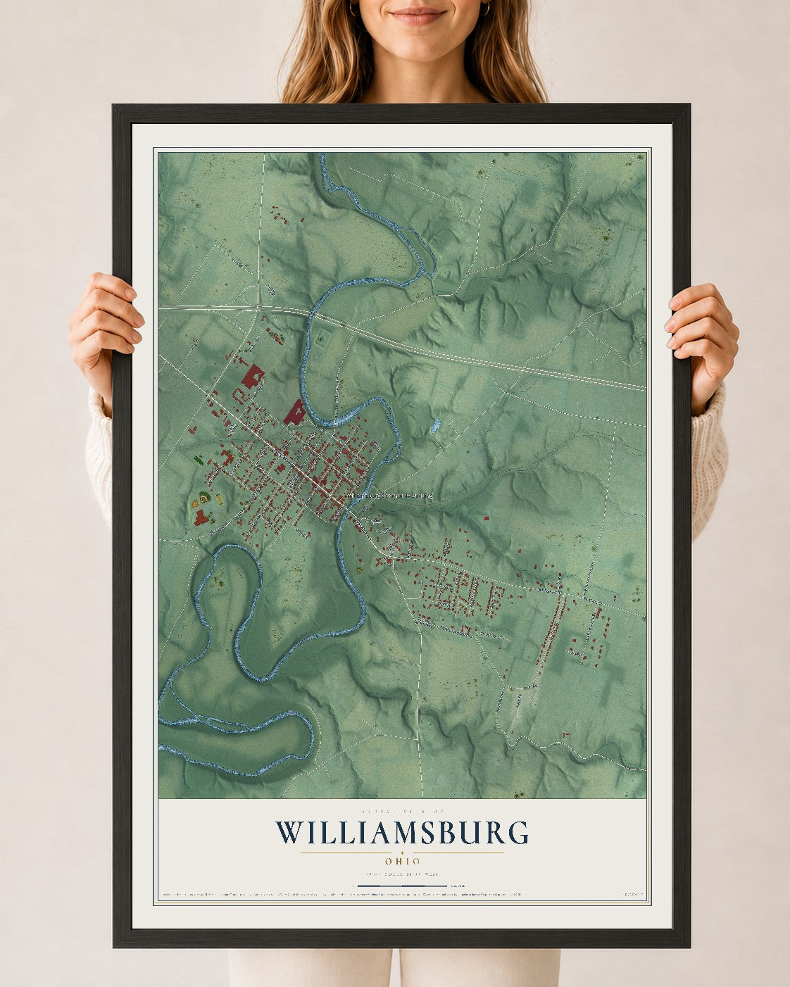 Map of Williamsburg, Ohio, 24 x 36 inch print in a black wood frame