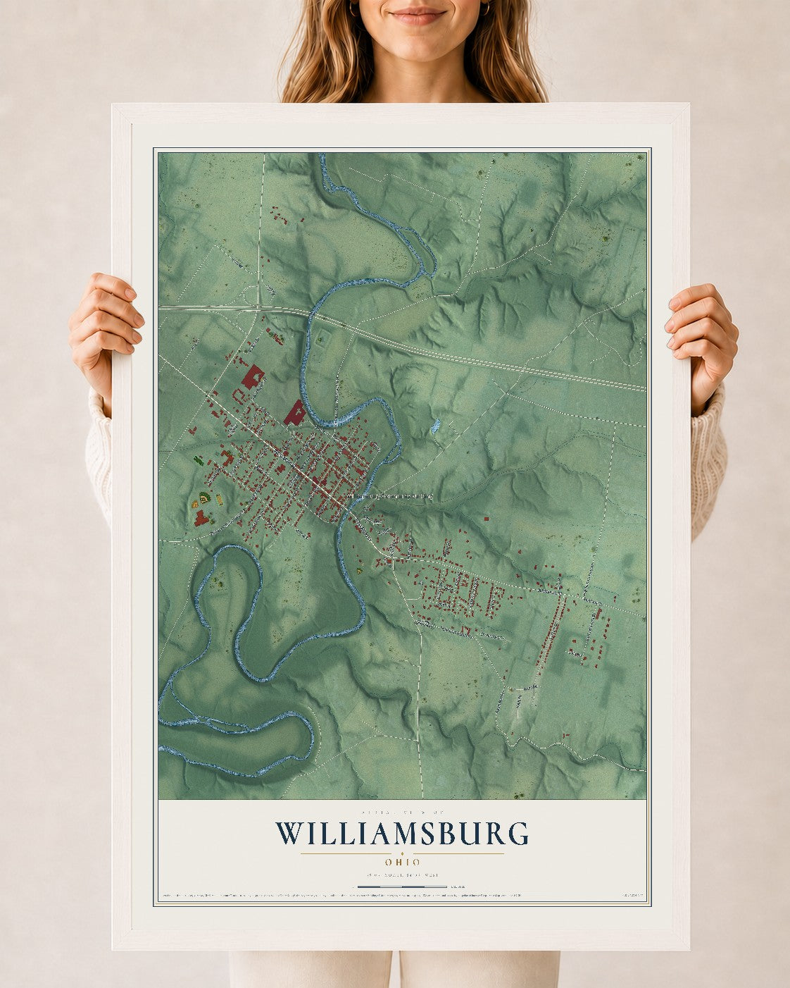 Map of Williamsburg, Ohio, 24 x 36 inch print in a white wood frame