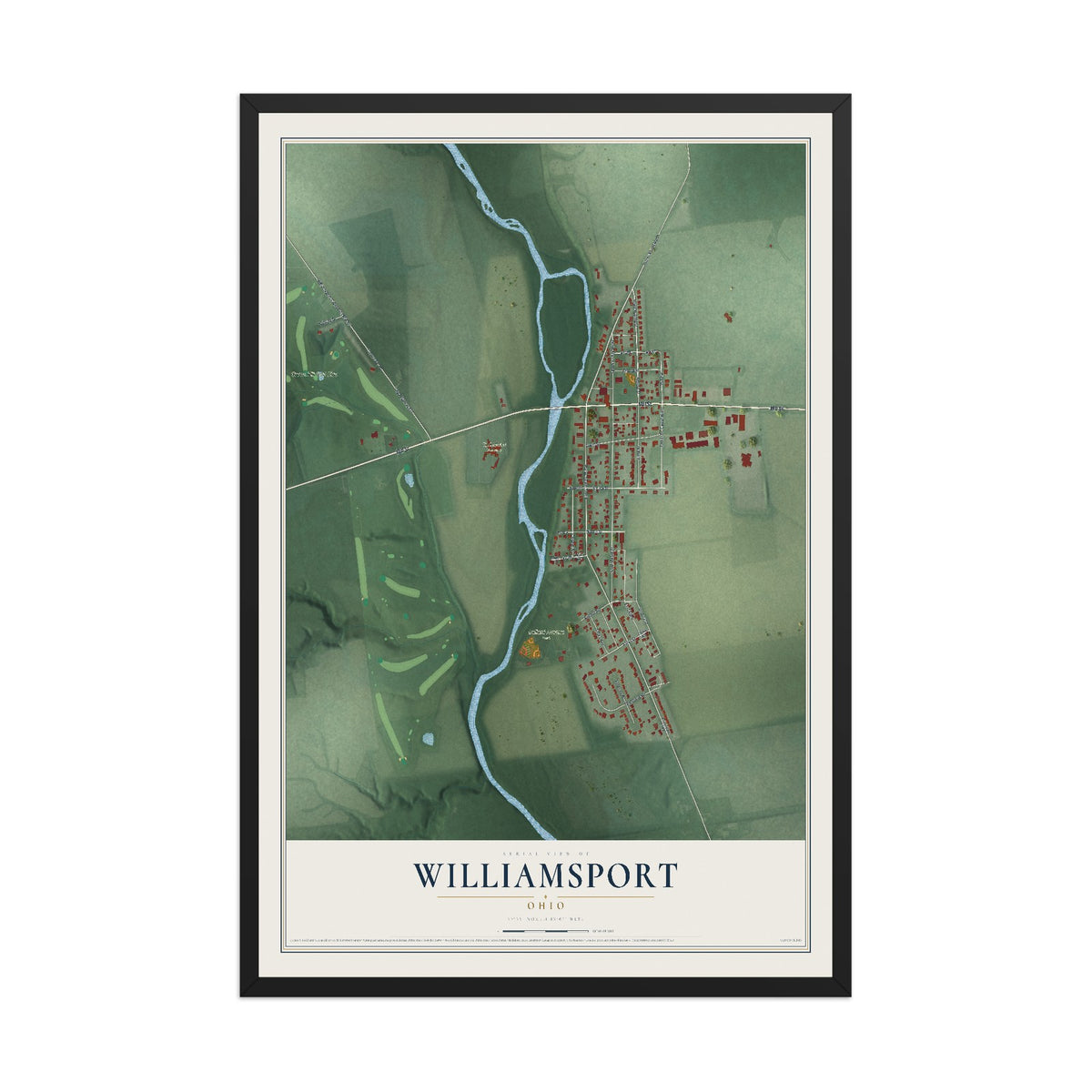 Map of Williamsport, Ohio, 12 x 18 inch print in a black wood frame