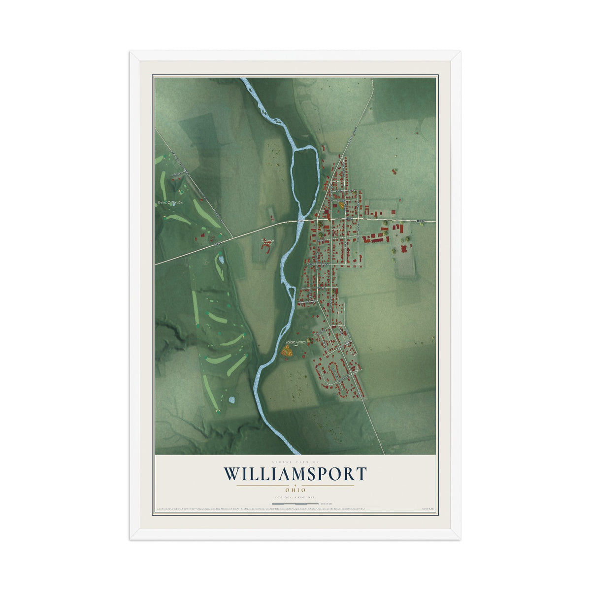 Map of Williamsport, Ohio, 12 x 18 inch print in a white wood frame