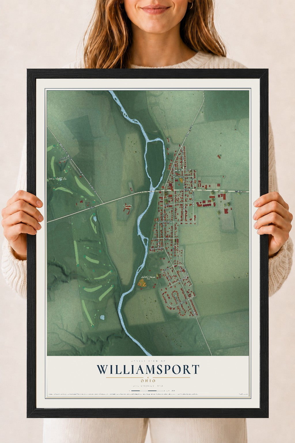 Map of Williamsport, Ohio, 18 x 24 inch print in a black wood frame