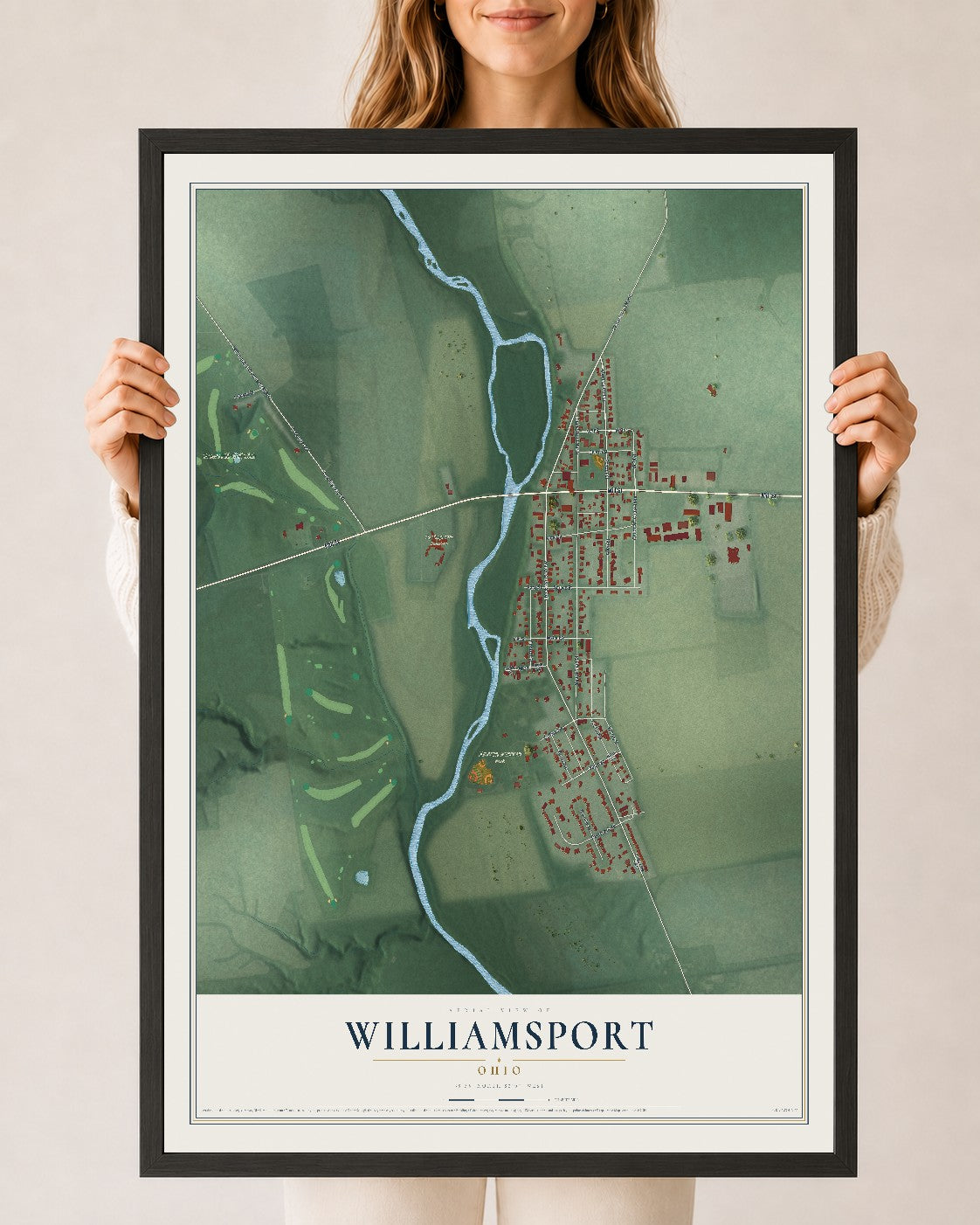Map of Williamsport, Ohio, 24 x 36 inch print in a black wood frame