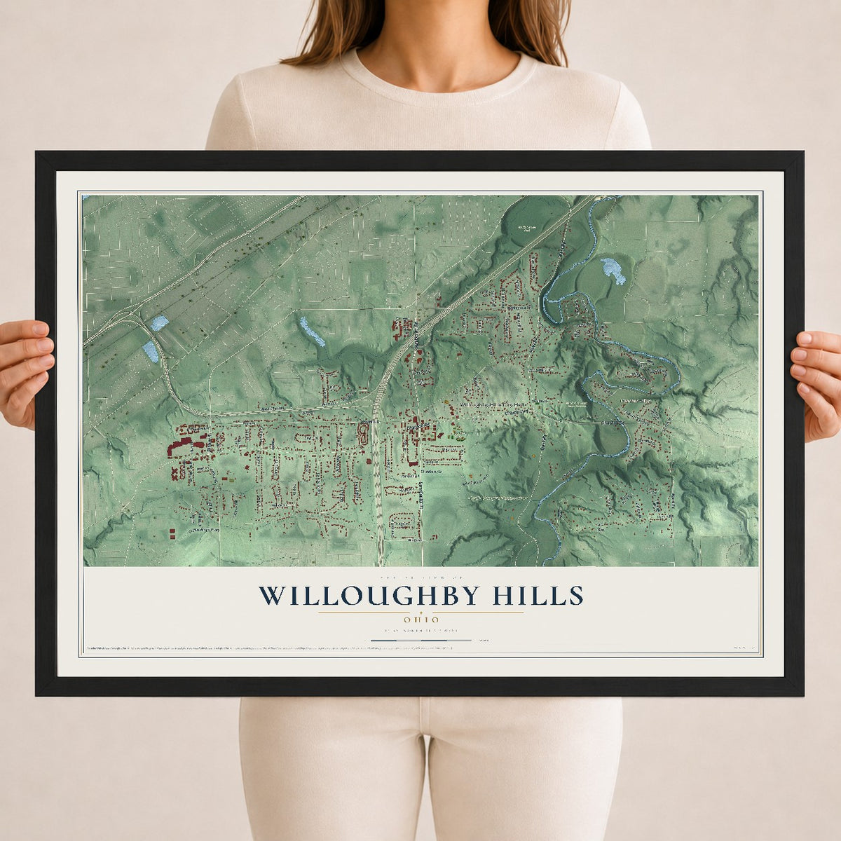 Map of Willoughby Hills, Ohio, 18 x 24 inch print in a black wood frame