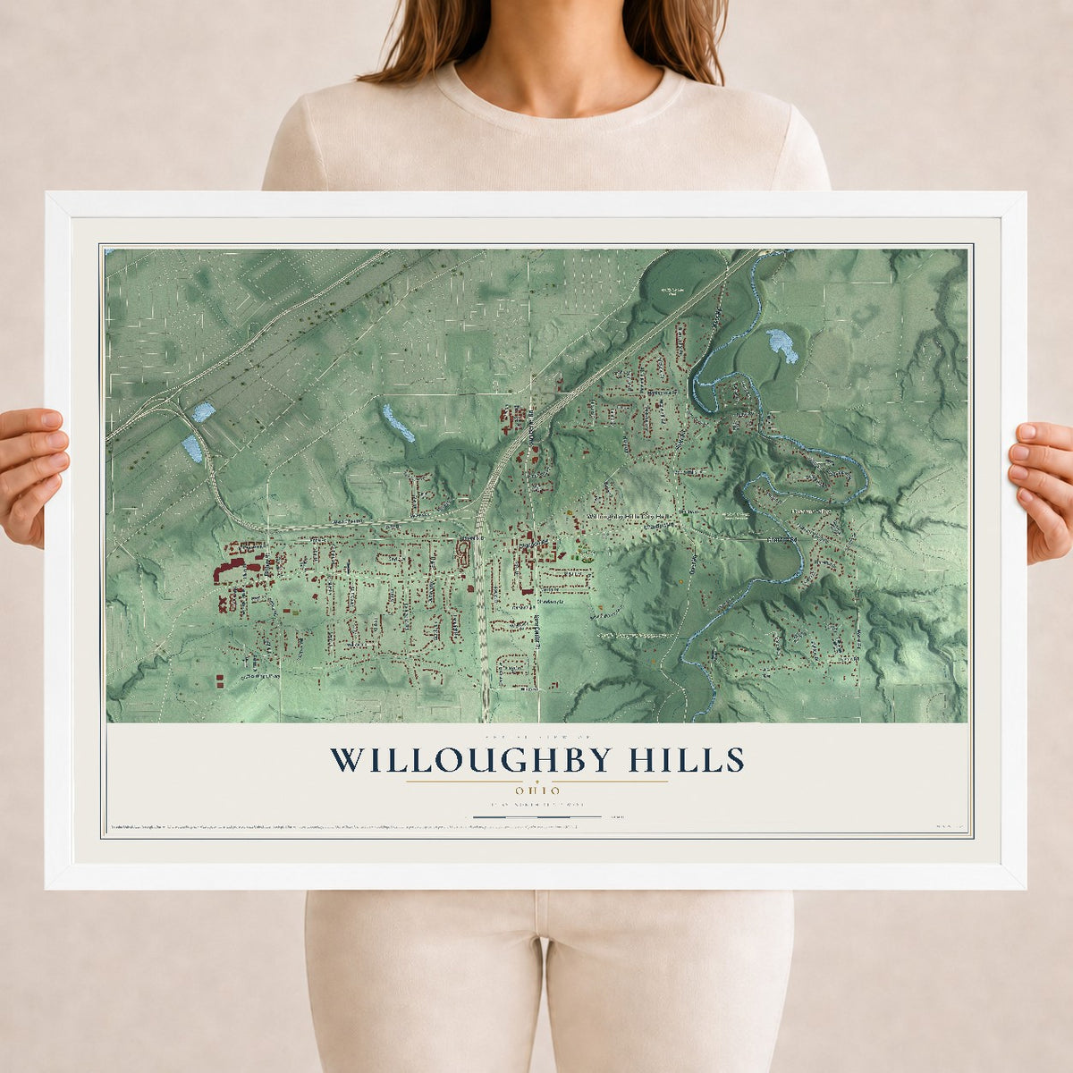 Map of Willoughby Hills, Ohio, 18 x 24 inch print in a white wood frame
